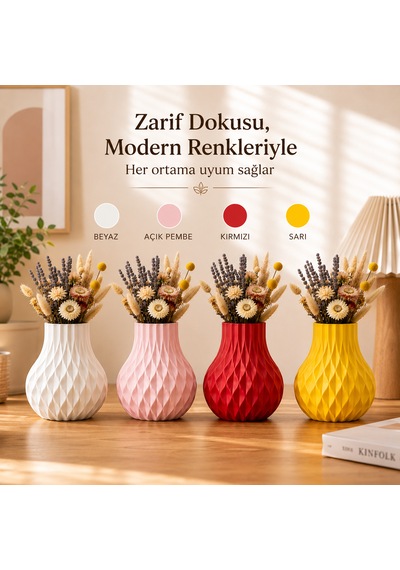Modern Dekoratif Beyaz Vazo 15 Cm 3d Dokulu Çiçek Vazosu Pla Plastik Saksı Ve Kuru Çiçek Vazosu Ev Ofis Salon Dekoru Sarı