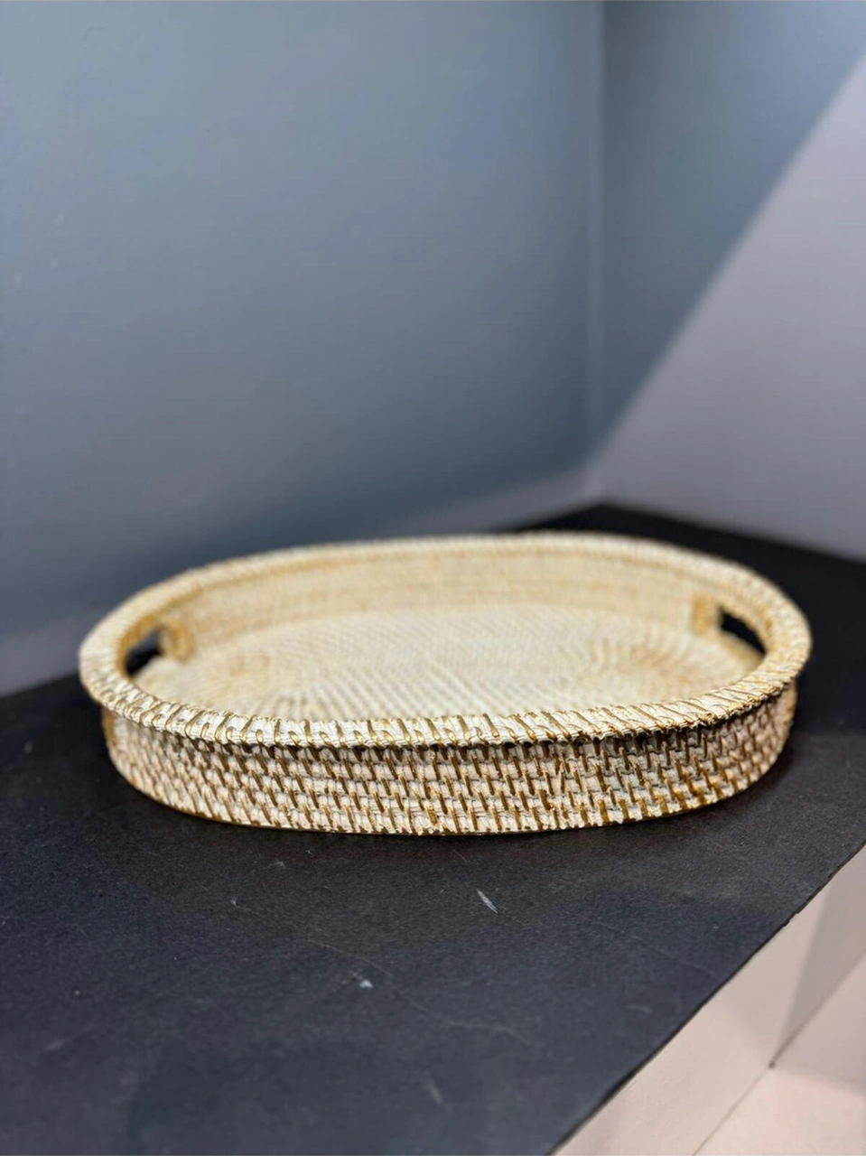 Dekoratif Polyester Hasır Tepsi Krem Gold