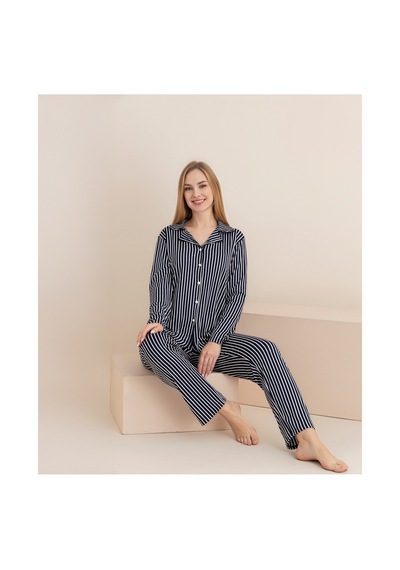 Rindahomewear Kadın Lacivert Beyaz Çizgili Desenli Milan Örme Lizbon Düğmeli Pijama Takımı Lacivert Çizgili