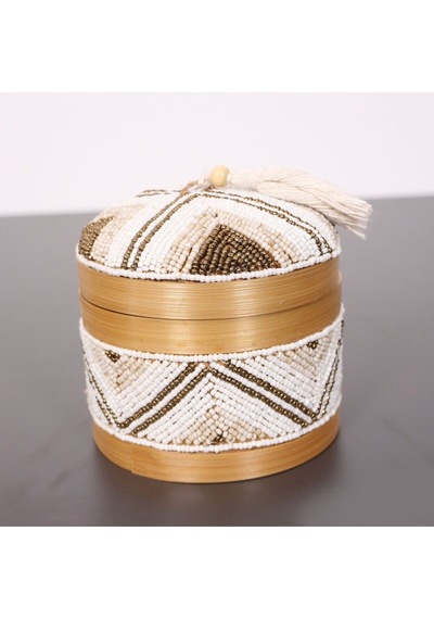 Bali Boncuklu Bambu Saklama Kutusu 12x14 Cm Beyaz