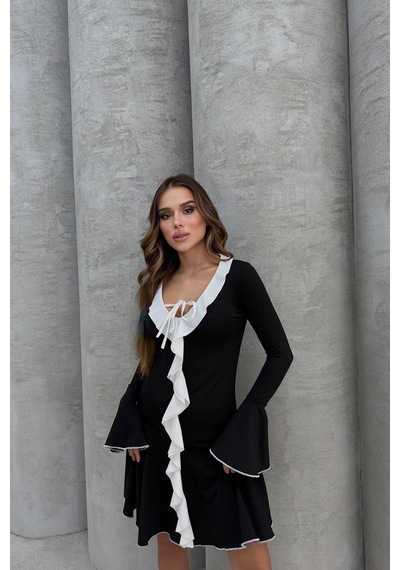 Lesa Wear Yumuşacık Fırfır Detaylı Likralı Kruvaze Mini Gece Elbisesi Siyah
