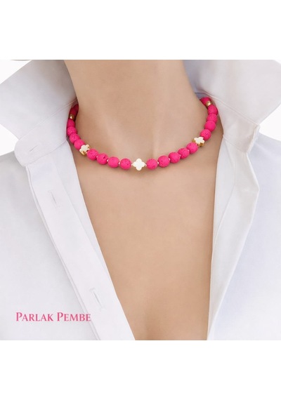 Luna Yonca Detaylı Lav Taşı Choker Doğal Taş Kolye Pembe