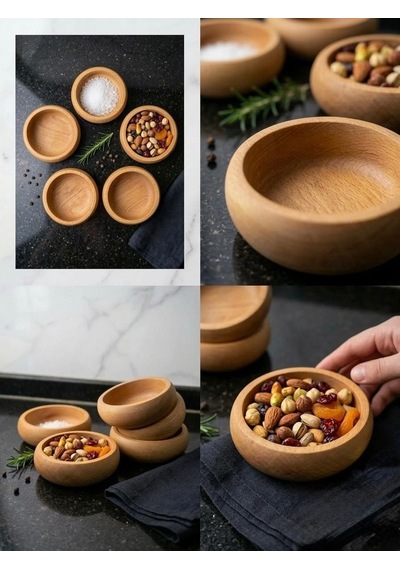 Hbs Art Design 4'lü Kayın Ağacı Ahşap Çerezlik Seti - 12 Cm Yuvarlak Sunum Kasesi Açık Kahverengi