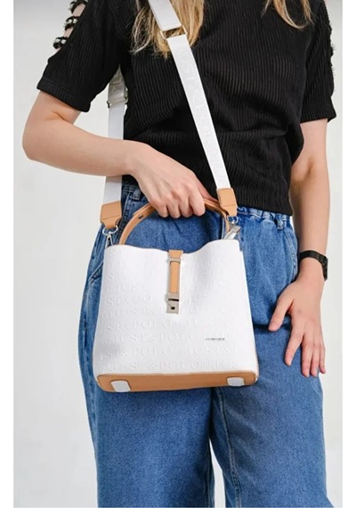 Just Polo Kadın Kabartma Baskılı Lüks El Ve Omuz Çantası Shopper Beyaz - Taba