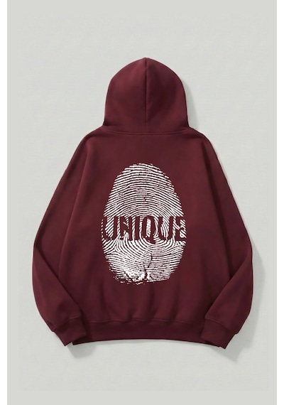 Uyguntarz Unisex Yumuşak Dokulu Unique Fingerprint Baskılı Tasarım Oversize 3 İplik Hoodie Sweatshirt Bordo