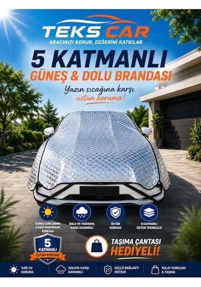 Güneş Koruyucu , 5 Katmanlı , Ultra Sağlam , Isı Yalıtımı , Dolu Koruyucu , Universal Oto Branda 1,6 Metre X 5 Metre