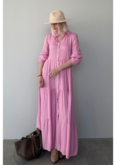 Madmext Pembe Çizgili Düğmeli Uzun Elbise Mg2392 Pembe