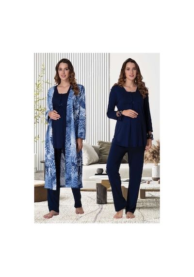 Effortt Dvina Lohusa Hamile Desenli Sabahlıklı Uzun Kollu Pijama Takımı - Lacivert Lacivert
