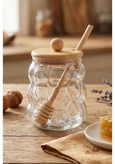 Borosilikat Cam Bal Kavanozu, Bambu Kapak 350ml Şeffaf