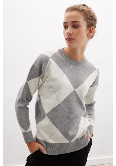 Styleboom X Peraluna Oxford Pullover Bisiklet Yaka Baklava Desen Kadın Triko Kazak - Gri Melanj-gri Melanj Gri Melanj
