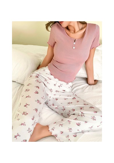Kadın Çiçekli Desen Yumuşak Pamuklu Uzun Pijama Takımı 5131 Çok Renkli