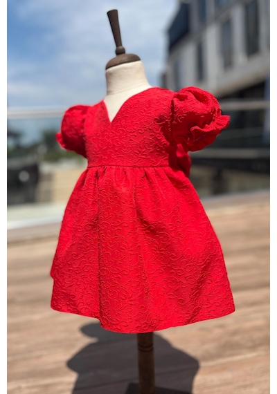 Krep Kabartma Desenli Kız Çocuk Bebek Kırmızı Elbise 001