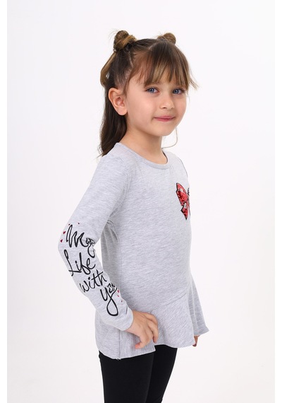 Toontoy Kids Toontoy Kız Çocuk Göğsü Pullu Fiyonklu Nakışlı T-shirt Gri Melanj