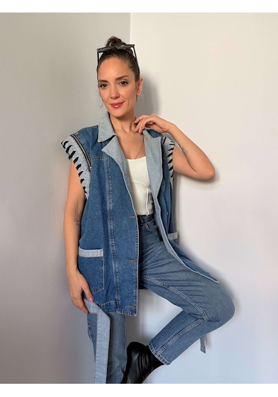 Ali Butik Mavi Oversize Tasarım Denim Yelek Mavi
