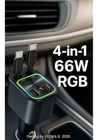 66w Araç Şarj Adaptörü Type-c + Lightning Makaralı Kablo, Usb + Type-c Girişli, Hızlı Şarjlı