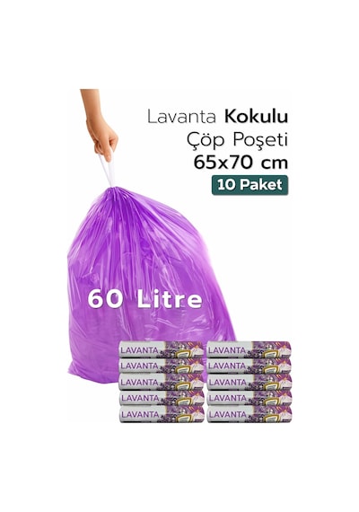 10 Paket Büyük Boy 65x70 Lavanta Kokulu Büzgülü Çöp Poşeti 100 Adet Çöp Torbası 60 Litre