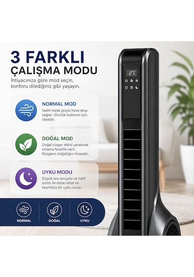 Turbo Akıllı Fan 70w Uzaktan Kumandalı Kule Vantilatör, Aromaterapi Özellikli, Dokunmatik Led Ekranlı, 3 Hız Kademeli, 3 Modlu, 12 Saat Zamanlayıcılı, Sessiz Çalışma, Salınımlı Fan