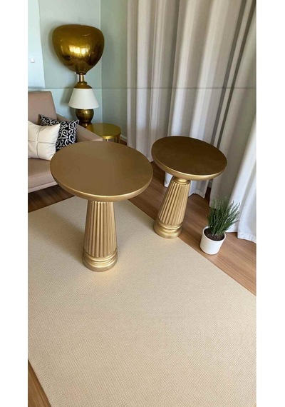 Ahşap Mantar Sehpa 2 Li Set Altın Varak Renk Yan Sehpa Takımı - Mushroom Coffee Table Altın