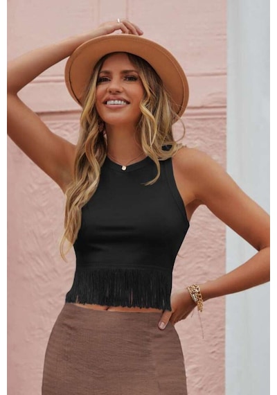 Bella Notte Siyah Saçaklı Viskon Crop Bluz