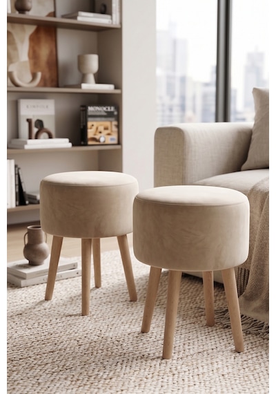 Ahşap Ayaklı Modern Tasarım Yuvarlak Puf, Tabure 6097 Krem