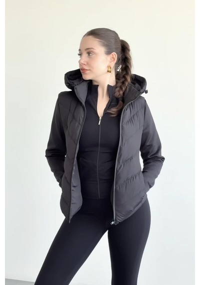 Prifaldi Siyah Kapüşonlu Softsell Kollu Şişme Mont Kışlık Slim Fit Rüzgar Geçirmez Fermuarlı Siyah