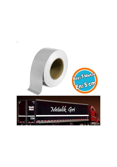 Metalize Gri Renk Düz Desensiz Reflektörlü Bant Gece Parlayan En 5 Cm 1 Mt İkaz Bandı Reflektif