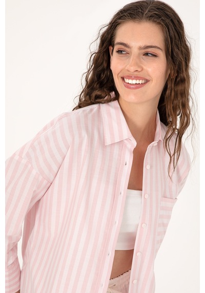 U.S. Polo Assn. Kadın Açık Pembe Çizgili Uzun Kollu Gömlek 50299426-VR078 U.S. Polo Assn. Kadın Açık Pembe Çizgili Uzun Kollu Gömlek 50299426-VR078