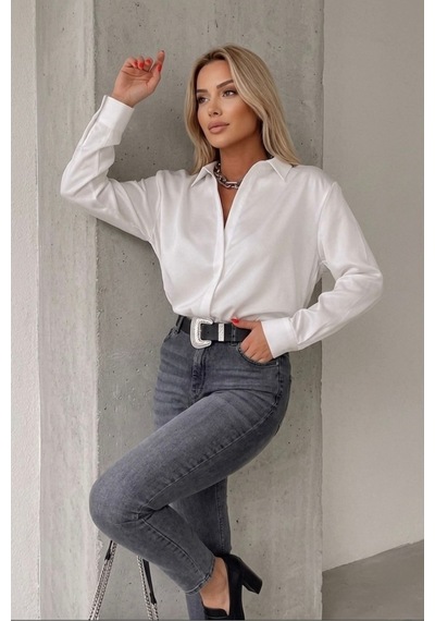 Genel Markalar Yeni Sezon Kadın Beyaz Pamuk Saten Gömlek-emmas Clothing Beyaz Beyaz