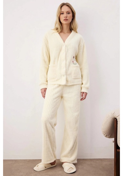 Benerly Kadın V Yaka Uzun Kol Regular Kalıp Wellsoft Örme Pijama Takımı F ekru