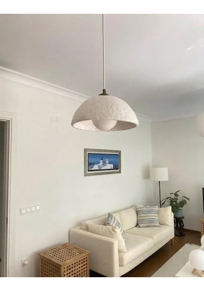 El Yapımı Kil Sarkıt Lamba - Wabi Sabi Dekoratif Led Avize - 25 Cm Beyaz