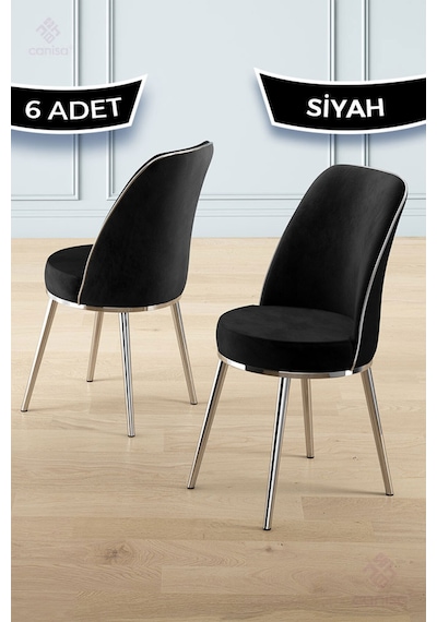 Canisa Pefa Serisi 6 Adet Siyah Mutfak Sandalyesi Krom Kaplama Metal Ayak 1. Sınıf Babyface Kumaş Sandalye Siyah Ayaklar Kroomm