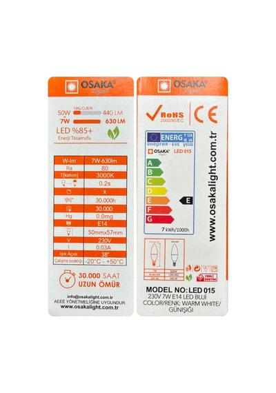 Osaka 7w 50w Sarı Işık 3000k E14 Duylu Led Mum Ampul, 2 Adet Diğer