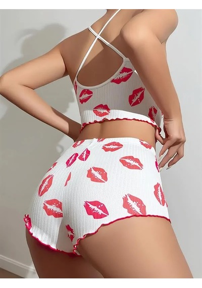 Veraura Lifestyle Kadın Dudak Desenli Şortlu Pijama Takımı BEYAZ