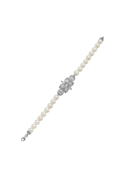 7,5 Mm Yaprak Tasarımlı Zirkon Taşlı Doğal İnci Bileklik 21 Cm / Beyaz Gümüş