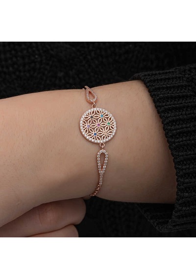 Gümüş Rose Renkli Yaşam Çiçeği Kadın Bileklik