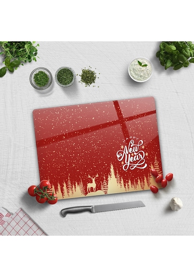 Decorita Cam Kesme Tahtası|Happy NewYearKırmızıSilüet|30cm x 40cm