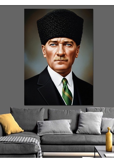 Ahşap Tablo Kalpaklı Lider Siyah Beyaz Atatürk