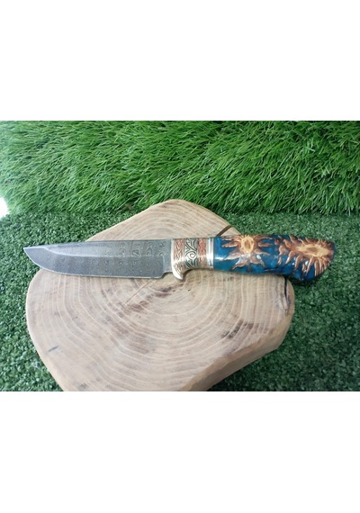Tctknives Damascus Serisi El Yapımı Şam Çeliği Av Kamp Bıçak Gümüş - Mavi