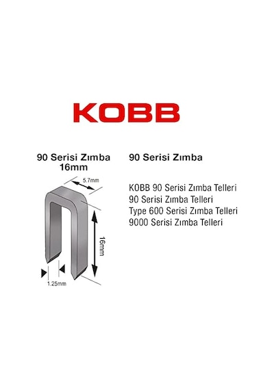 Kobb Kbz9016 16mm 2500 Adet 90 Serisi Ağır Hizmet Tipi Zımba Teli, Gri