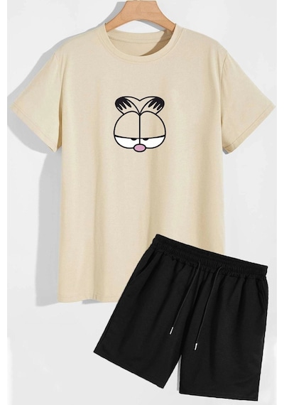 Uyguntarz Garfield Şort T-shirt Eşofman Takımı Bej