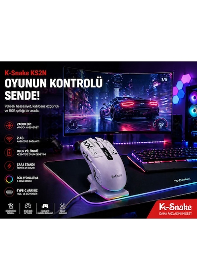 Rgb Gaming Mouse 24000 Dpı Kablosuz 2.4g Bluetooth Type-c Şarjlı Oyuncu Mouse Ms-ks2nb