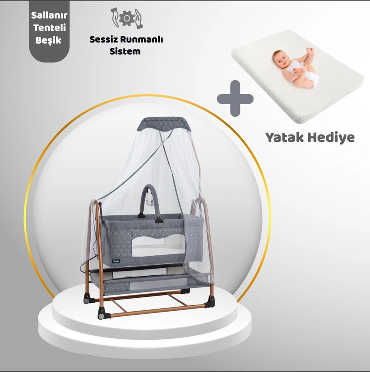 C-1100 Gold Plus Lüks Tüllü Beşik Gri