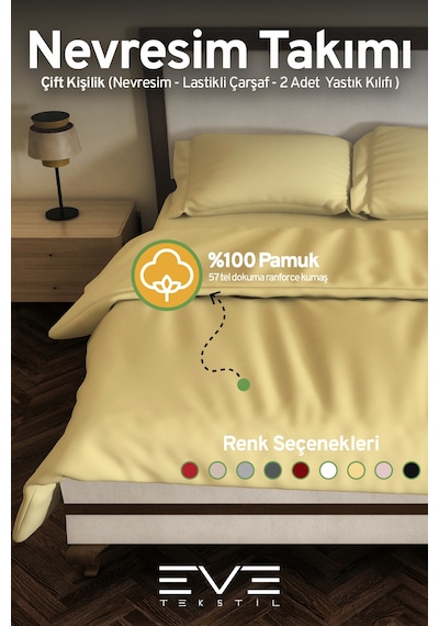 Eve Tekstil %100 Pamuk Ranforce Çarşaflı Yastık Ve Yorgan Kılıflı Çift Kişilik Nevresim Takımı 200x220 Cm Sarı