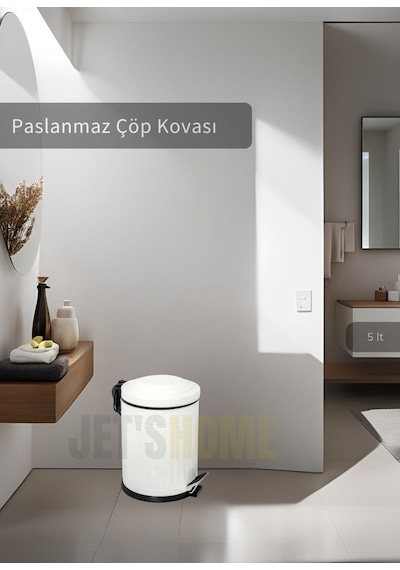 Jet's Home Pedallı Banyo Çöp Kovası Paslanmaz 5 Lt Mutfak Çöp Kutusu Beyaz Beyaz