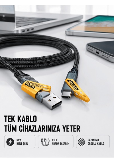 Örgülü Tasarım 4 Ü 1 Arada Usb-c Lightning Hızlı Şarj Kablosu Aklby-bsva58 Standart
