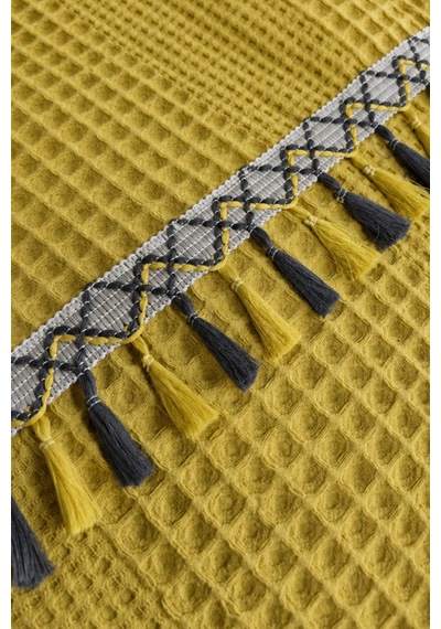 3 Parça Tek Kişilik Püskül Dantelli Pike Takımı - Havuzlu Pike Seti - 160x220 Cm - Hardal