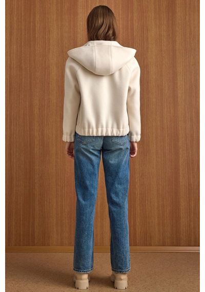 Olcay Kapüşonlu Beli Lastikli Oversize Kısa Kaban Ekru 3162