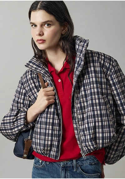 Mavi Dik Yaka Kareli Oversize Kahverengi Kadın Mont 1110815-83152