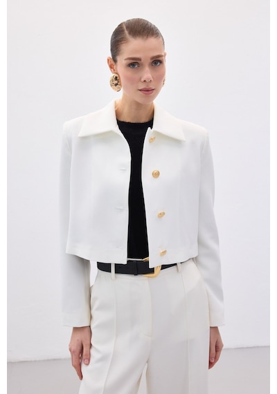 Sateen Düğmeli Kısa Ceket - Ekru-136591 Ekru