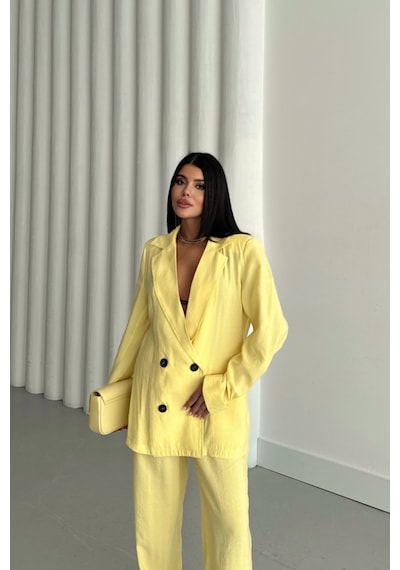 Modal 4 Düğme Astarsız Ceket - Pantolon Takım - Sarı Sarı